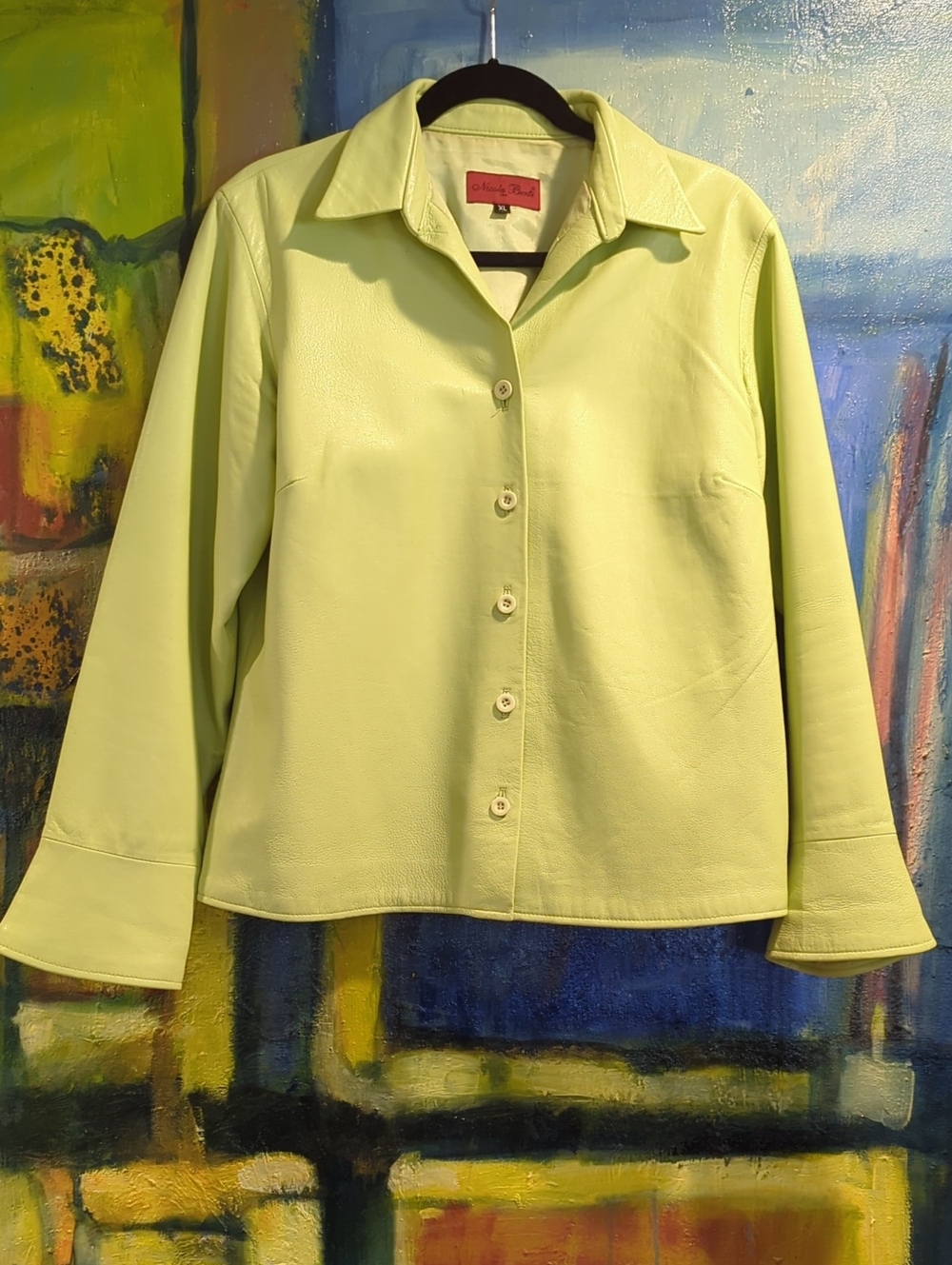 Vintage Nicola Berti Y2K chartreuse Italian leather shirt jacket. Size XL